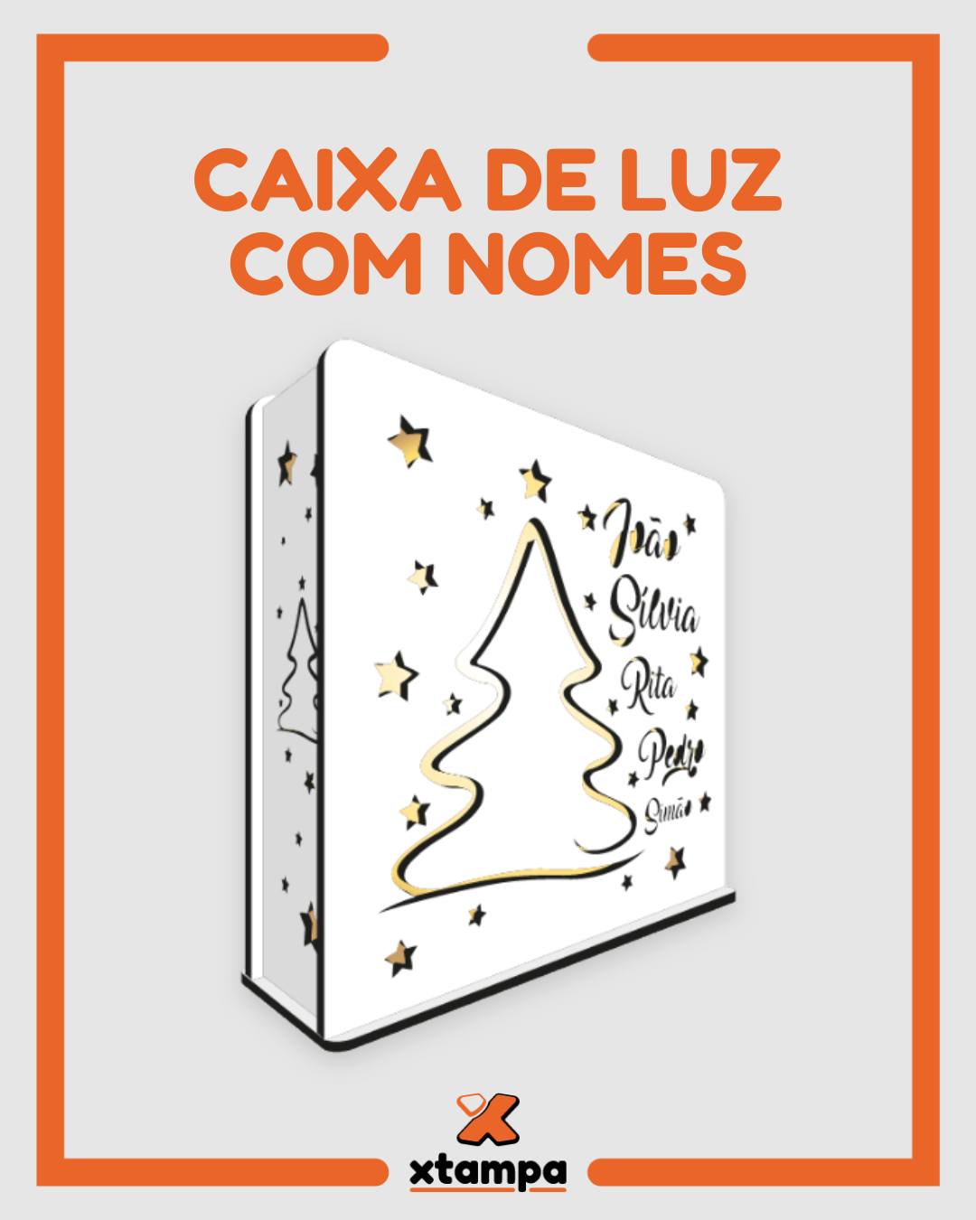 Ilumine o Natal com um toque único e especial!
Esta caixa de luz personalizada é feita em MDF branco de 3mm e permite incluir até 5 nomes, tornando-a o presente perfeito para famílias, casais ou grupos de amigos.